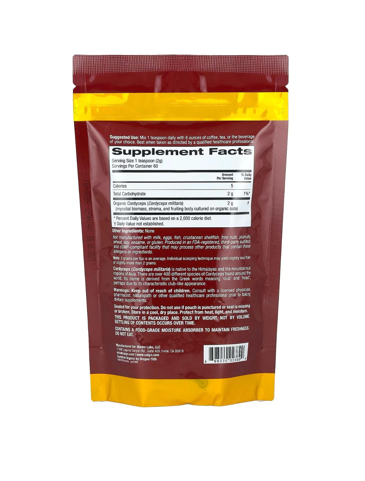 Fungiology® Certified Organic Cordyceps Mushroom Powder 120g