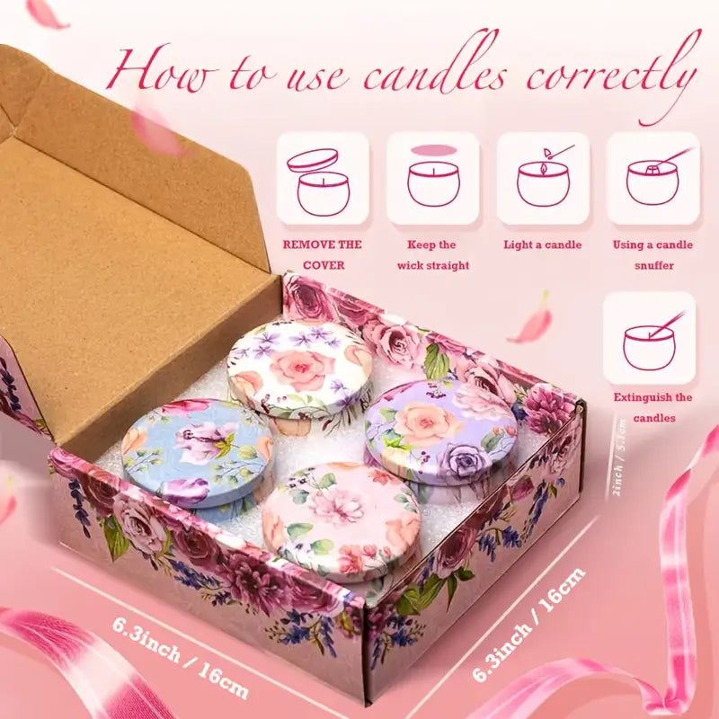 Botanical Candle Gift Set – 4pcs Scented Soy Wax Candles | Chamomile • Jasmine • Camellia • Tuberose | Decorative Floral Aromatherapy Set
