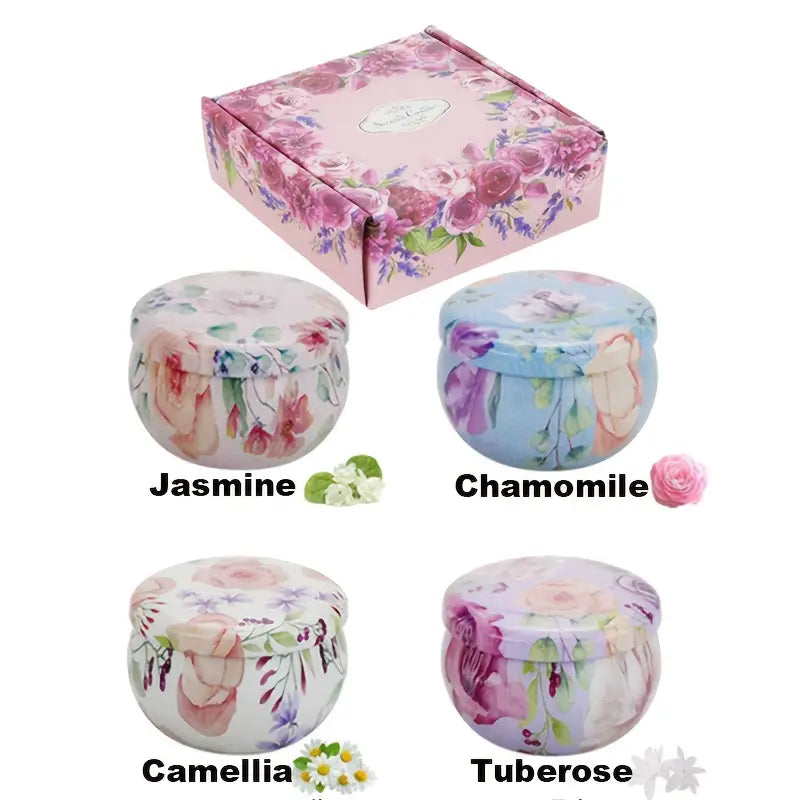 Botanical Candle Gift Set – 4pcs Scented Soy Wax Candles | Chamomile • Jasmine • Camellia • Tuberose | Decorative Floral Aromatherapy Set