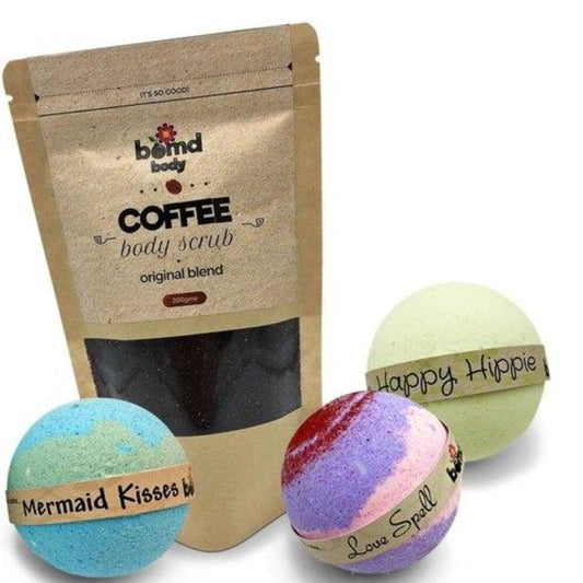 Coffee Body Scrub and Bath Bomb Set Love Spell Mermaid Kisses Happy Hippie