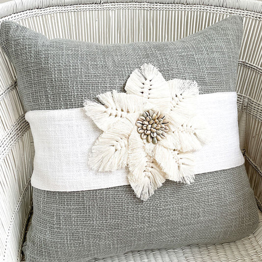 SAGE CUSHIONS WITH MACRAME AND SHELL DETAIL