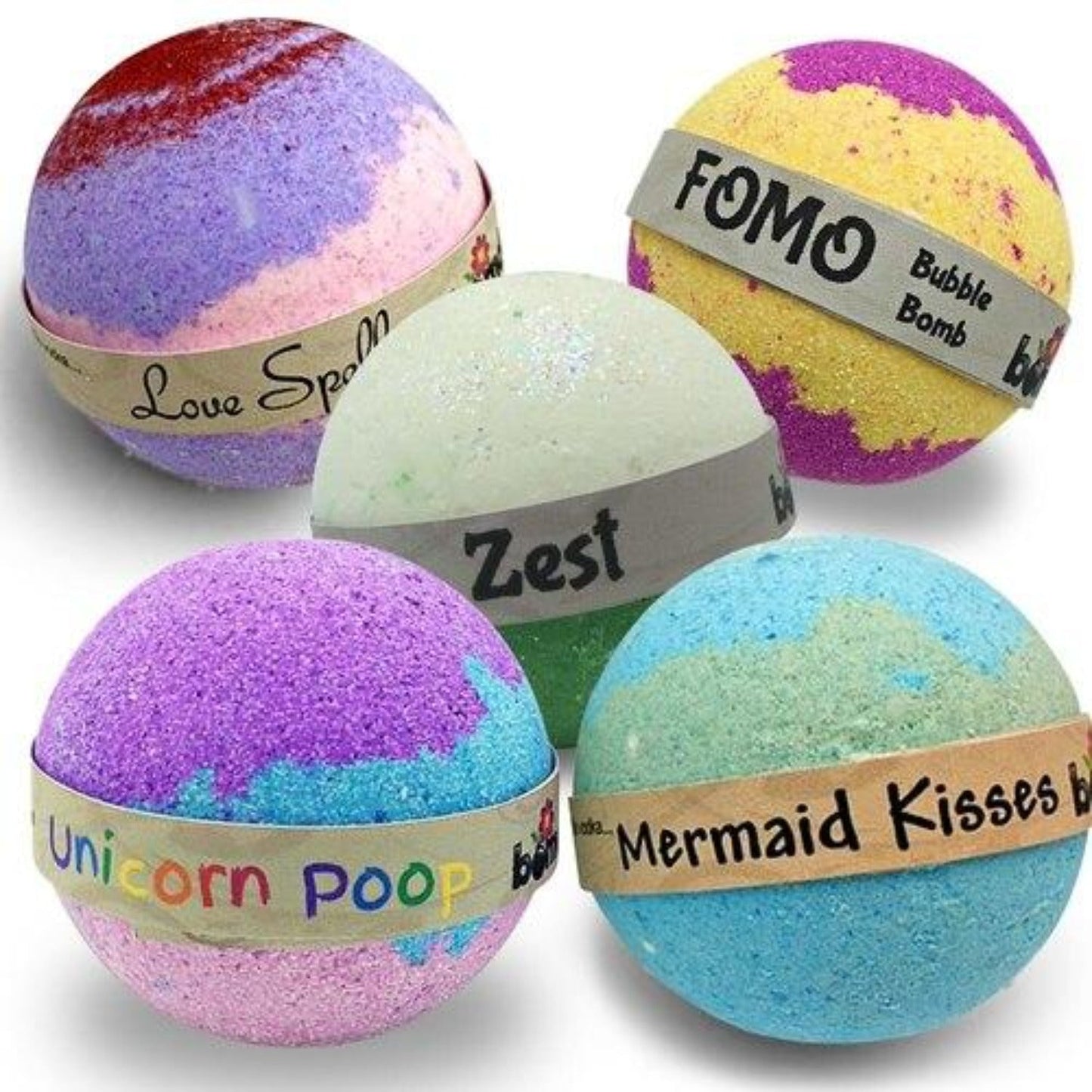 Bubble Bath Lovers Bath Bomb Gift Set of 5 Bath Fizzers Mermaid Kisses Love Spell FOMO Zest & Unicorn Poop