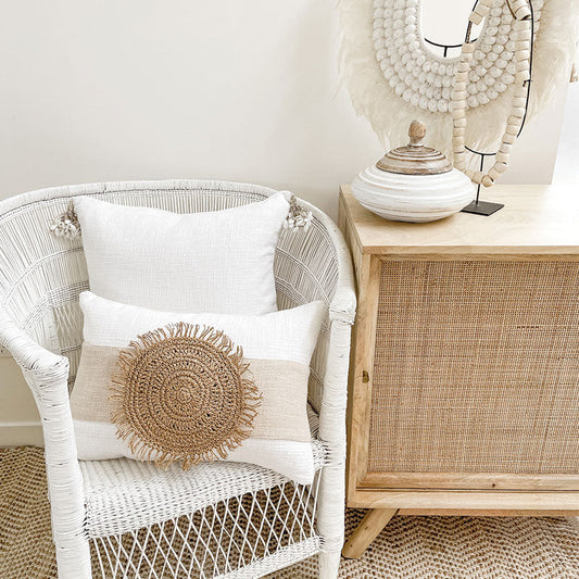 WHITE RAFFIA BOHO CUSHION